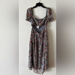 Windsor Blue Pink Floral Cutout Flowy Midi Dress with puff short sleeves large